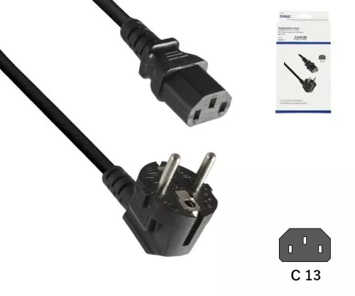 Kabel sieciowy Europa CEE 7/7 90° do C13, 0,75 mm², VDE, czarny, długość 1,80 m, puszka DINIC